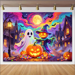 Lofaris Toile de fond d'Halloween colorée avec fantôme et citrouilles, arrière-plan de fête magique pour enfants et studio photo