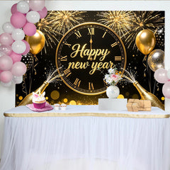 Lofaris Toile de fond joyeux nouvel an avec horloge dorée et feux d'artifice, élégant arrière-plan de fête pour célébration et photographie