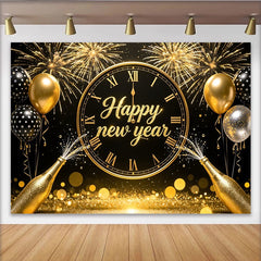 Lofaris Toile de fond joyeux nouvel an avec horloge dorée et feux d'artifice, élégant arrière-plan de fête pour célébration et photographie