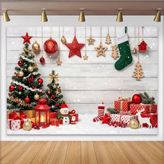 Lofaris Toile de fond de Noël festive avec sapins décorés et cadeaux, magnifique arrière-plan en bois blanc pour studio photo