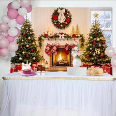 Lofaris Toile de fond de Noël cheminée décorée sapins et cadeaux, élégant arrière-plan de fête pour studio photo et célébrations