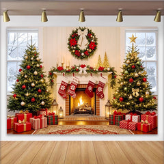 Lofaris Toile de fond de Noël cheminée décorée sapins et cadeaux, élégant arrière-plan de fête pour studio photo et célébrations