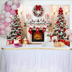 Lofaris Toile de fond de Noël cheminée sapins enneigés et cadeaux, magnifique décor pour photos de famille et fêtes d'hiver