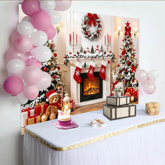Lofaris Toile de fond de Noël cheminée sapins enneigés et cadeaux, magnifique décor pour photos de famille et fêtes d'hiver