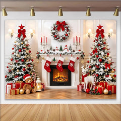 Lofaris Toile de fond de Noël cheminée sapins enneigés et cadeaux, magnifique décor pour photos de famille et fêtes d'hiver
