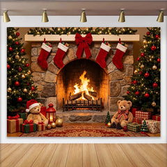 Lofaris Toile de fond de Noël cheminée avec sapins illuminés et chaussettes, magnifique arrière-plan pour studio photo et célébrations