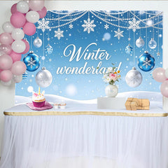 Lofaris Toile de fond de Noël bleue féerique avec flocons et boules, magnifique décor d'hiver pour studio photo et fête