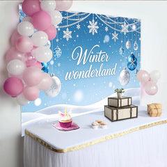 Lofaris Toile de fond de Noël bleue féerique avec flocons et boules, magnifique décor d'hiver pour studio photo et fête