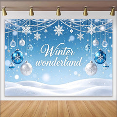 Lofaris Toile de fond de Noël bleue féerique avec flocons et boules, magnifique décor d'hiver pour studio photo et fête