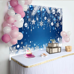 Lofaris Toile de fond de Noël bleu et argent avec flocons de neige et branches givrées, élégant arrière-plan hivernal pour studio photo