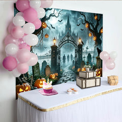 Lofaris Toile de fond d'Halloween avec citrouilles et château hanté, arrière-plan mystérieux pour fête et studio photo