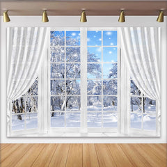 Lofaris Toile de fond de photographie fenêtre d'hiver enneigée avec rideaux blancs, magnifique arrière-plan de paysage enneigé