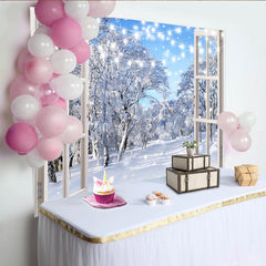 Lofaris Toile de fond d'hiver fenêtre ouverte avec neige et lumières, magnifique studio photo et décoration de fête de fin d'année
