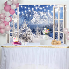 Lofaris Toile de fond de Noël fenêtre ouverte et guirlande lumineuse, magnifique arrière-plan de montagne enneigée pour studio photo