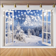 Lofaris Toile de fond de Noël fenêtre ouverte et guirlande lumineuse, magnifique arrière-plan de montagne enneigée pour studio photo