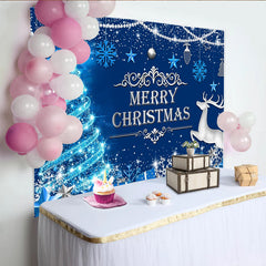 Lofaris Toile de fond Joyeux Noël bleue avec sapin scintillant et renne, décor d'hiver avec flocons et cadeaux pour séance photo