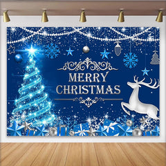 Lofaris Toile de fond Joyeux Noël bleue avec sapin scintillant et renne, décor d'hiver avec flocons et cadeaux pour séance photo