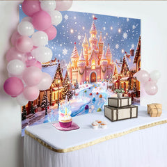 Lofaris Toile de fond du Nouvel An avec château rose et village hivernal enneigé, magnifique arrière-plan de fête pour studio photo