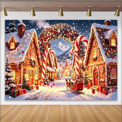 Lofaris Toile de fond de Noël village en pain d'épices avec Père Noël et neige, décor d'hiver féerique avec sucres d'orge pour studio photo