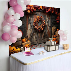 Lofaris Toile de fond d'Halloween rustique avec citrouilles et feuilles d'automne, arrière-plan de porte en bois pour fête effrayante