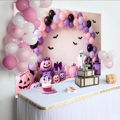 Lofaris Toile de fond d'Halloween pastel avec ballons roses et violets, décor festif avec citrouilles et fantôme pour fête d'enfants