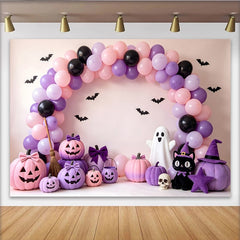 Lofaris Toile de fond d'Halloween pastel avec ballons roses et violets, décor festif avec citrouilles et fantôme pour fête d'enfants