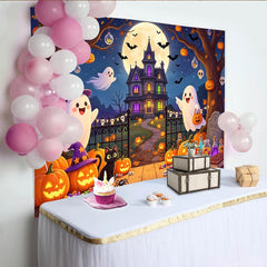 Lofaris Toile de fond d'Halloween avec fantômes mignons et citrouilles lumineuses, décor de fête pour enfants et studio photo