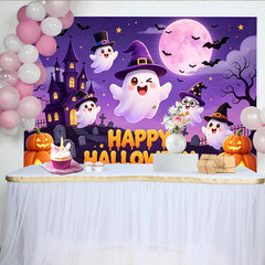 Lofaris Toile de fond de Halloween avec fantômes mignons et château hanté, arrière-plan de fête violet pour enfants et studio photo