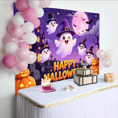 Lofaris Toile de fond de Halloween avec fantômes mignons et château hanté, arrière-plan de fête violet pour enfants et studio photo