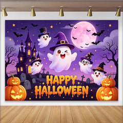 Lofaris Toile de fond de Halloween avec fantômes mignons et château hanté, arrière-plan de fête violet pour enfants et studio photo