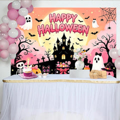 Lofaris Toile de fond d'Halloween rose avec château hanté et fantômes mignons, décor de fête pour enfants et studio photo