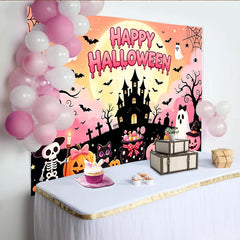 Lofaris Toile de fond d'Halloween rose avec château hanté et fantômes mignons, décor de fête pour enfants et studio photo