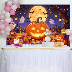 Lofaris Toile de fond d'Halloween avec citrouilles lumineuses, fantômes et pleine lune, magnifique décor de fête pour enfants et studio photo