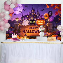 Lofaris Toile de fond d'Halloween avec fantôme mignon, citrouilles lumineuses et château hanté, décor de fête violet pour studio photo