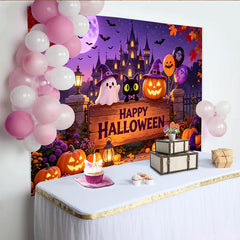 Lofaris Toile de fond d'Halloween avec fantôme mignon, citrouilles lumineuses et château hanté, décor de fête violet pour studio photo
