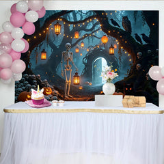Lofaris Toile de fond d'Halloween forêt hantée avec squelettes et citrouilles lumineuses, magnifique décor mystérieux pour fête et studio photo