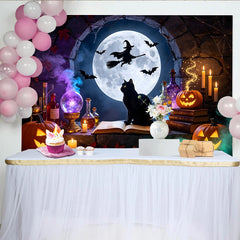Lofaris Toile de fond d'Halloween pleine lune sorcière et citrouilles, décor de nuit mystérieuse pour fête ou studio photo