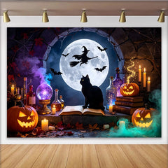 Lofaris Toile de fond d'Halloween pleine lune sorcière et citrouilles, décor de nuit mystérieuse pour fête ou studio photo
