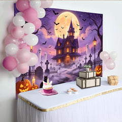 Lofaris Toile de fond d'Halloween maison hantée pleine lune et fantômes, effrayant avec citrouilles chauves-souris pour studio photo