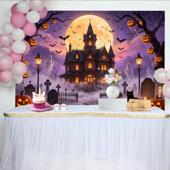 Lofaris Toile de fond d'Halloween maison hantée pleine lune et citrouilles, effrayant décor de cimetière avec fantômes pour soirée à thème