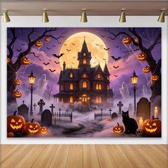 Lofaris Toile de fond d'Halloween maison hantée pleine lune et citrouilles, effrayant décor de cimetière avec fantômes pour soirée à thème