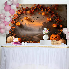 Lofaris Toile de fond d'Halloween avec citrouilles et feuilles d'automne, décor effrayant de forêt brumeuse et chauves-souris pour fête