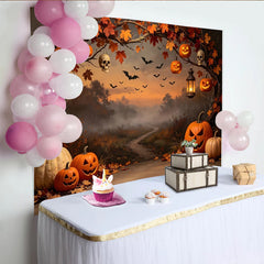 Lofaris Toile de fond d'Halloween avec citrouilles sculptées et chauves-souris, décor de forêt brumeuse pour fête d'automne et séance photo