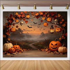 Lofaris Toile de fond d'Halloween avec citrouilles sculptées et chauves-souris, décor de forêt brumeuse pour fête d'automne et séance photo