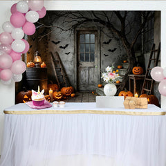 Lofaris Toile de fond d'Halloween avec citrouilles sculptées, chauves-souris et arbre sinistre, décor rustique pour studio photo et fête