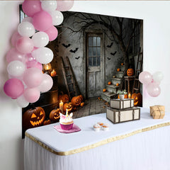 Lofaris Toile de fond d'Halloween avec citrouilles sculptées, chauves-souris et arbre sinistre, décor rustique pour studio photo et fête