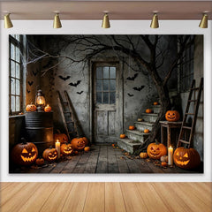 Lofaris Toile de fond d'Halloween avec citrouilles sculptées, chauves-souris et arbre sinistre, décor rustique pour studio photo et fête