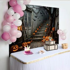 Lofaris Toile de fond d'Halloween avec citrouilles lumineuses et chauves-souris, décor rustique pour fête et studio photo