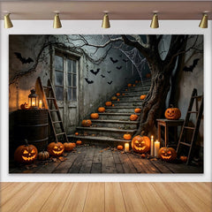 Lofaris Toile de fond d'Halloween avec citrouilles lumineuses et chauves-souris, décor rustique pour fête et studio photo