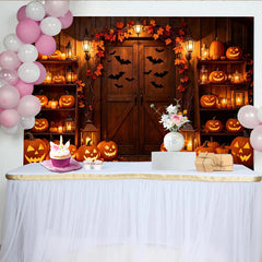 Lofaris Toile de fond d'Halloween avec citrouilles lumineuses et chauves-souris, décor rustique pour fête d'automne et photographie